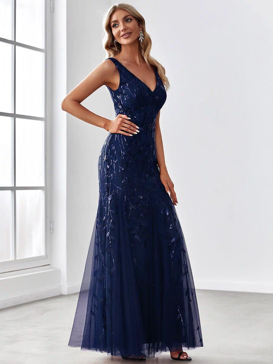 Robe de soirée Longue Sexy en sequins col en V pour femmes #Couleur_Bleu Marine