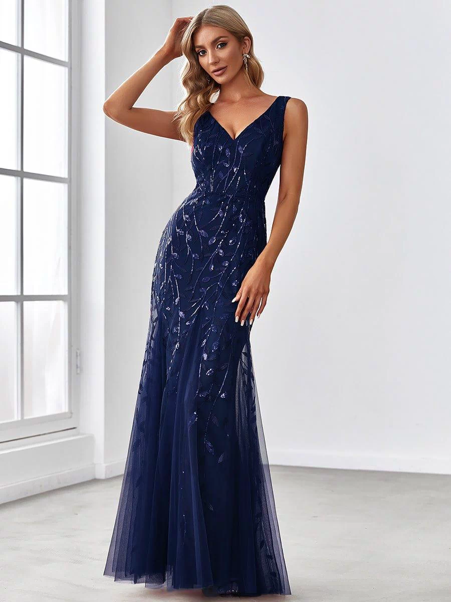 Robe de soirée Longue Sexy en sequins col en V pour femmes #Couleur_Bleu Marine