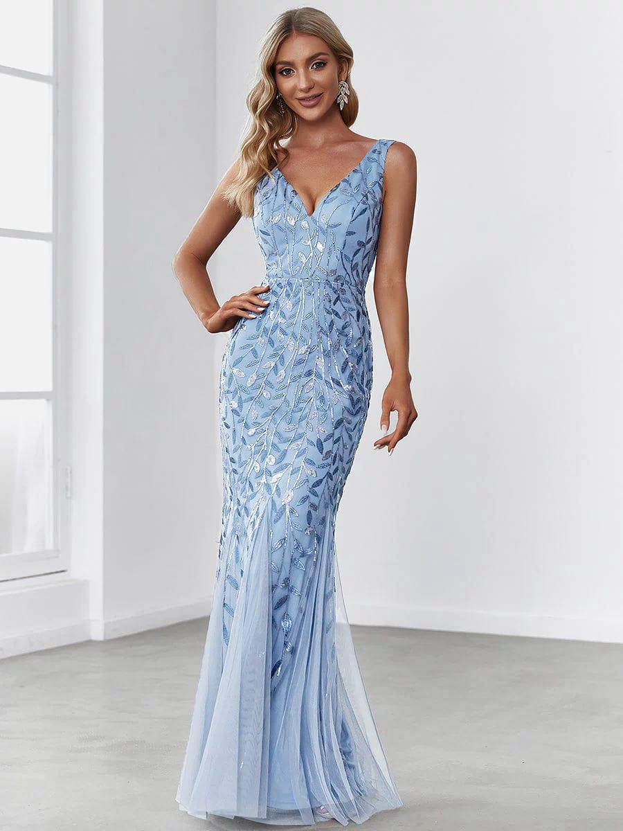 Robe de soirée Longue Sexy en sequins col en V pour femmes #Couleur_Bleu Ciel