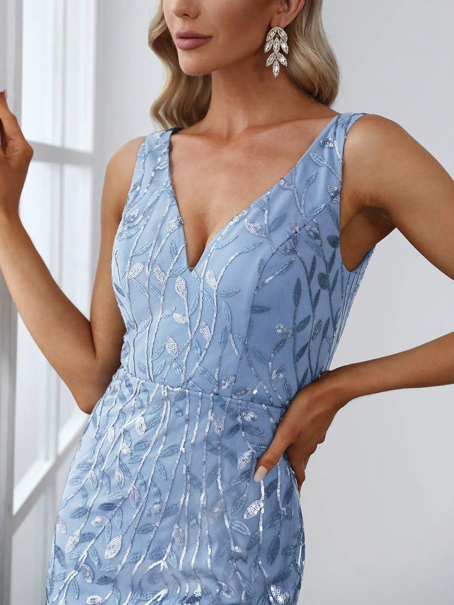Robe de soirée Longue Sexy en sequins col en V pour femmes #Couleur_Bleu Ciel