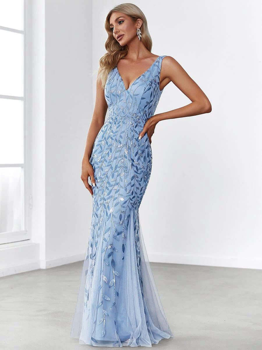 Robe de soirée Longue Sexy en sequins col en V pour femmes #Couleur_Bleu Ciel
