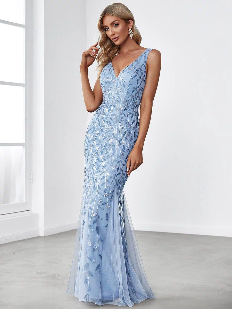 Robe de soirée Longue Sexy en sequins col en V pour femmes #Couleur_Bleu Ciel