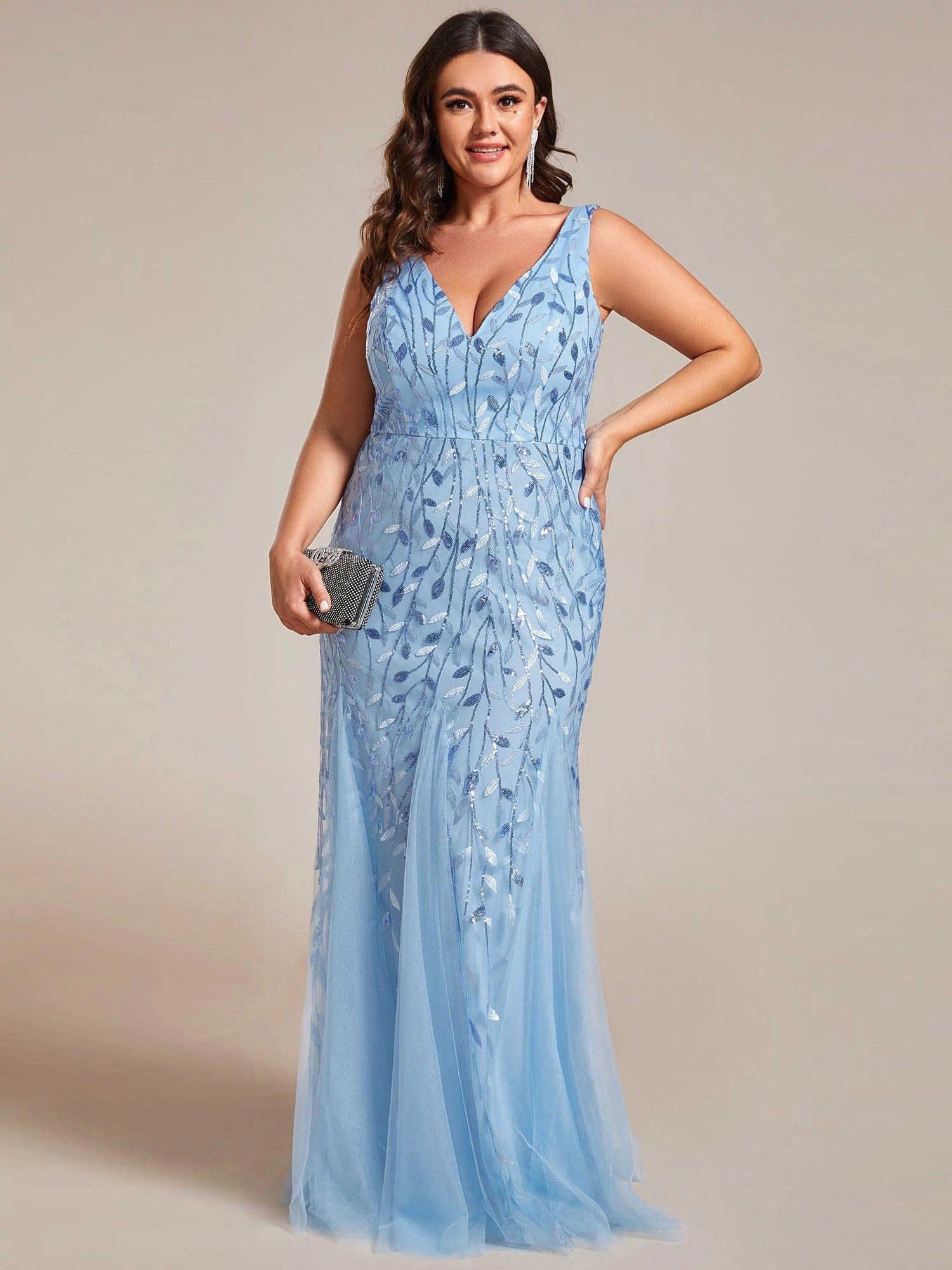 Robe de soirée Longue Sexy en sequins col en V pour femmes #Couleur_Bleu Ciel
