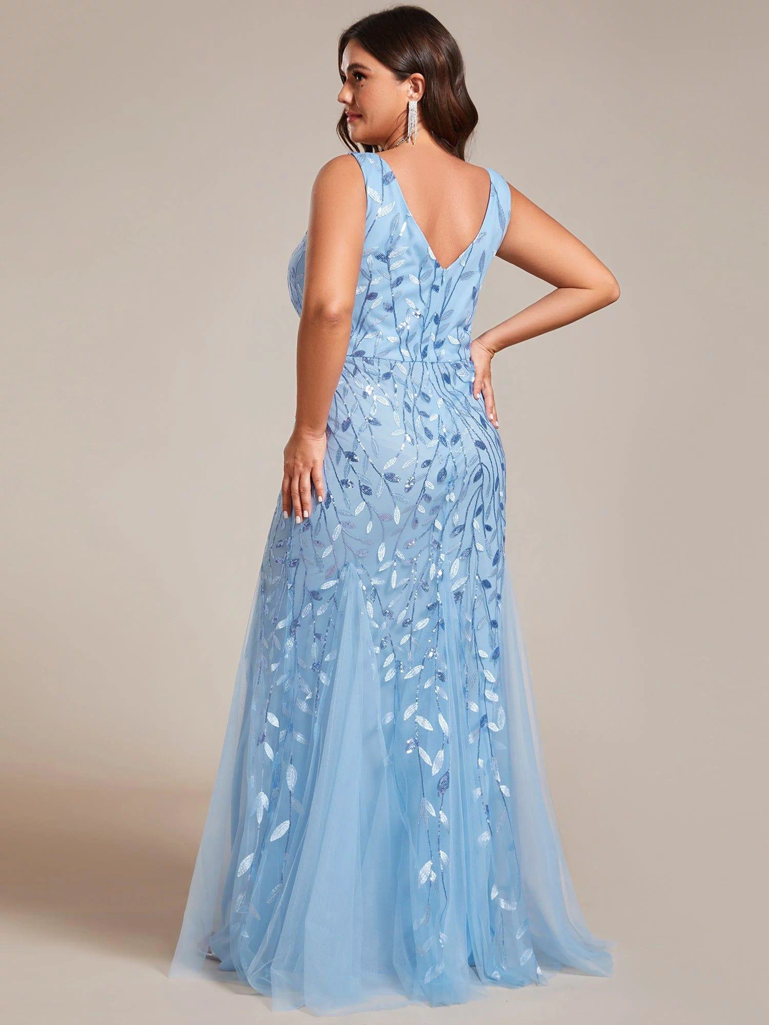 Robe de soirée Longue Sexy en sequins col en V pour femmes #Couleur_Bleu Ciel