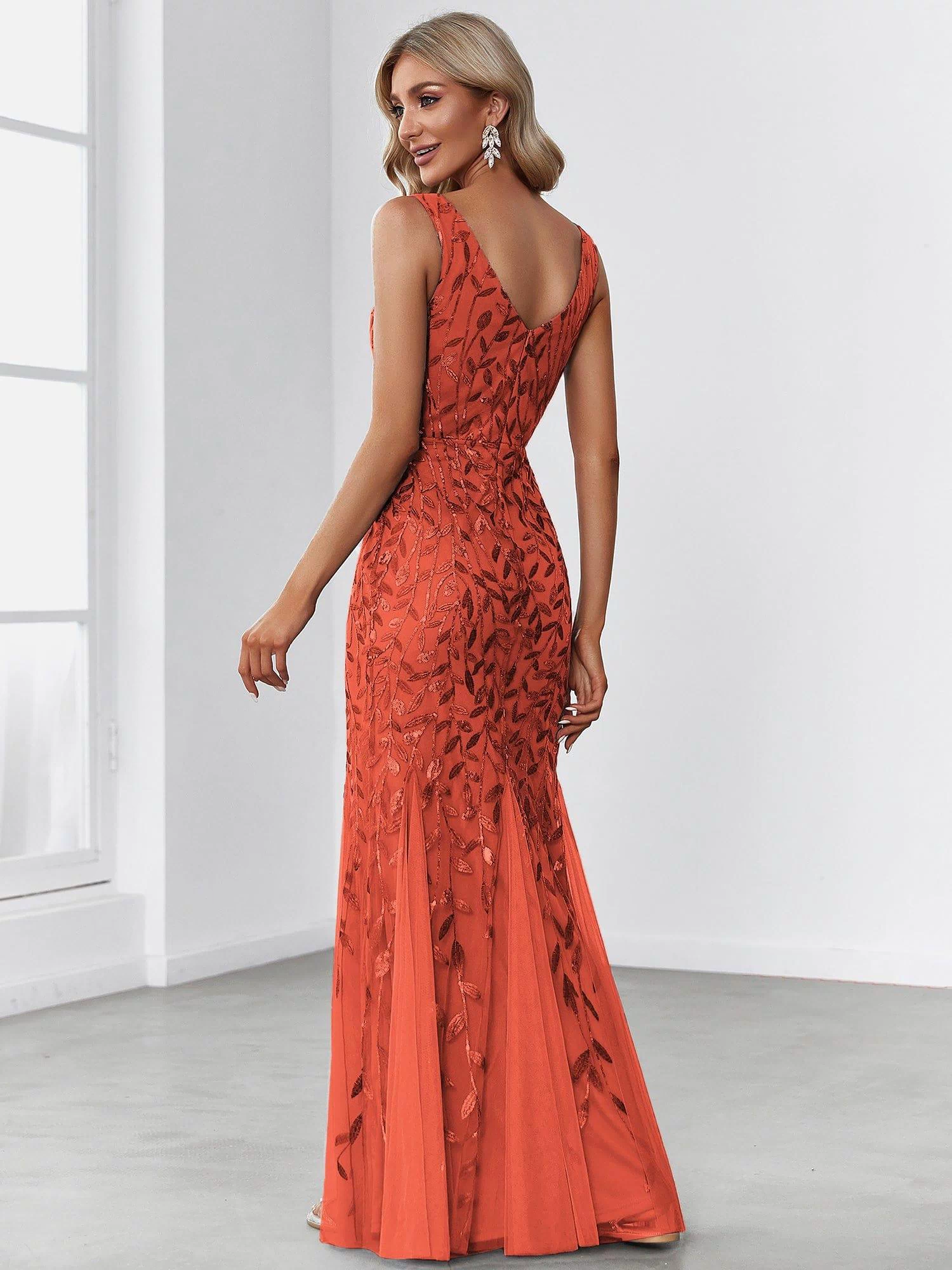 Robe de soirée Longue Sexy en sequins col en V pour femmes #Couleur_Burnt Orange