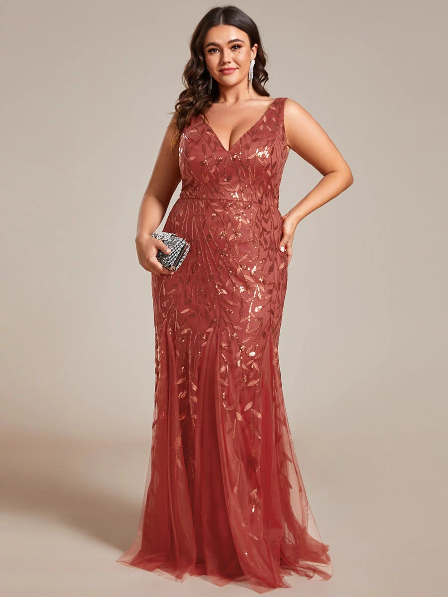 Robe de soirée Longue Sexy en sequins col en V pour femmes #Couleur_Burnt Orange