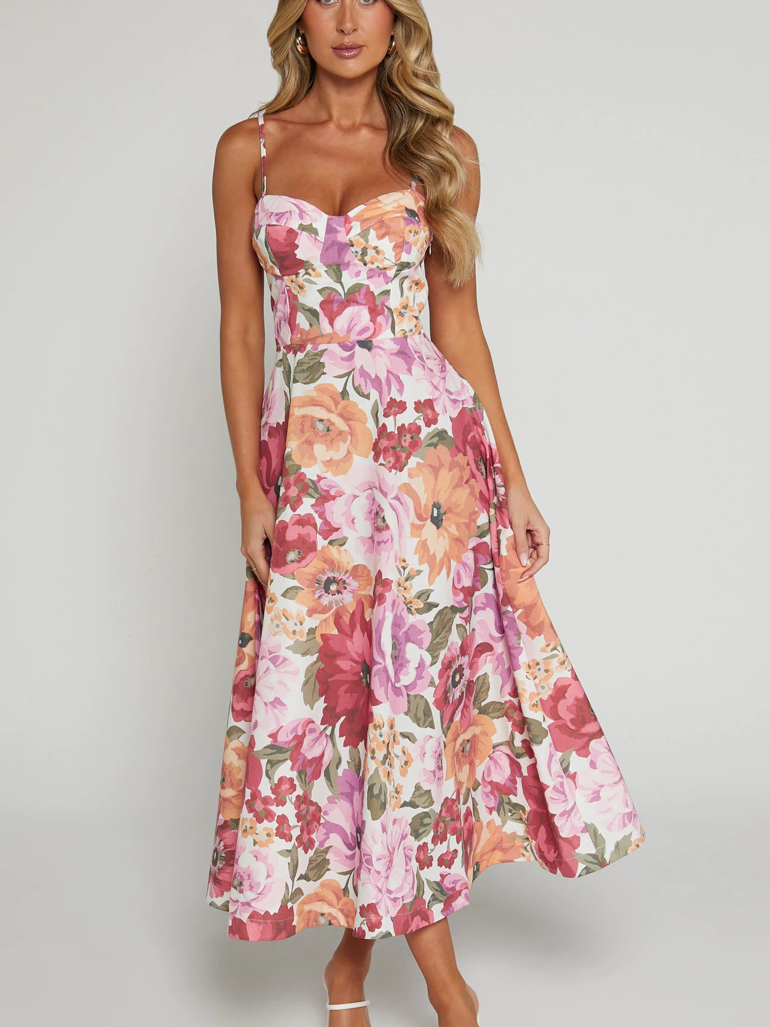 Robertson Midi Dress - Strappy Sweetheart Bustier Flare Dress in Spring Floral
