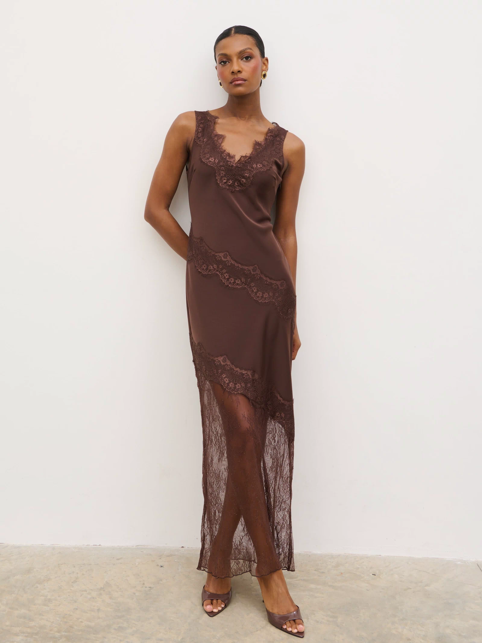 Robin Slip Lace Maxi Dress - Chocolate Brown