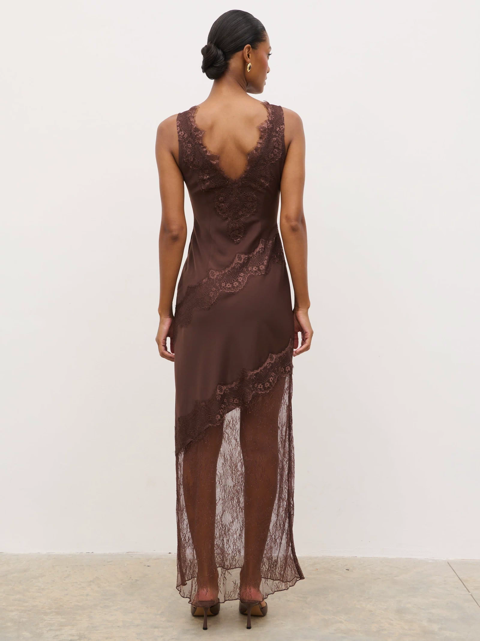 Montanna is 5'7" & Wears Size UK 6|Robin Slip Lace Maxi Dress - Chocolate Brown