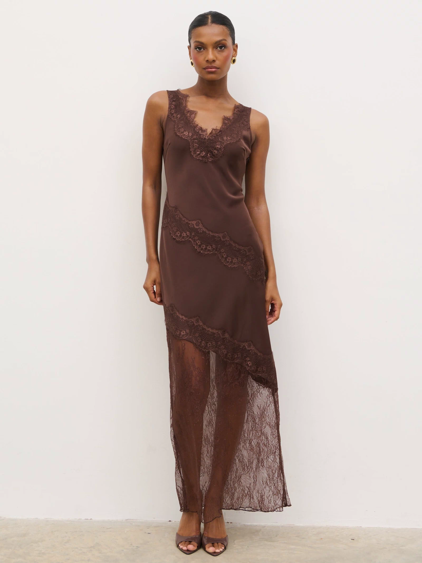 Montanna is 5'7" & Wears Size UK 6|Robin Slip Lace Maxi Dress - Chocolate Brown