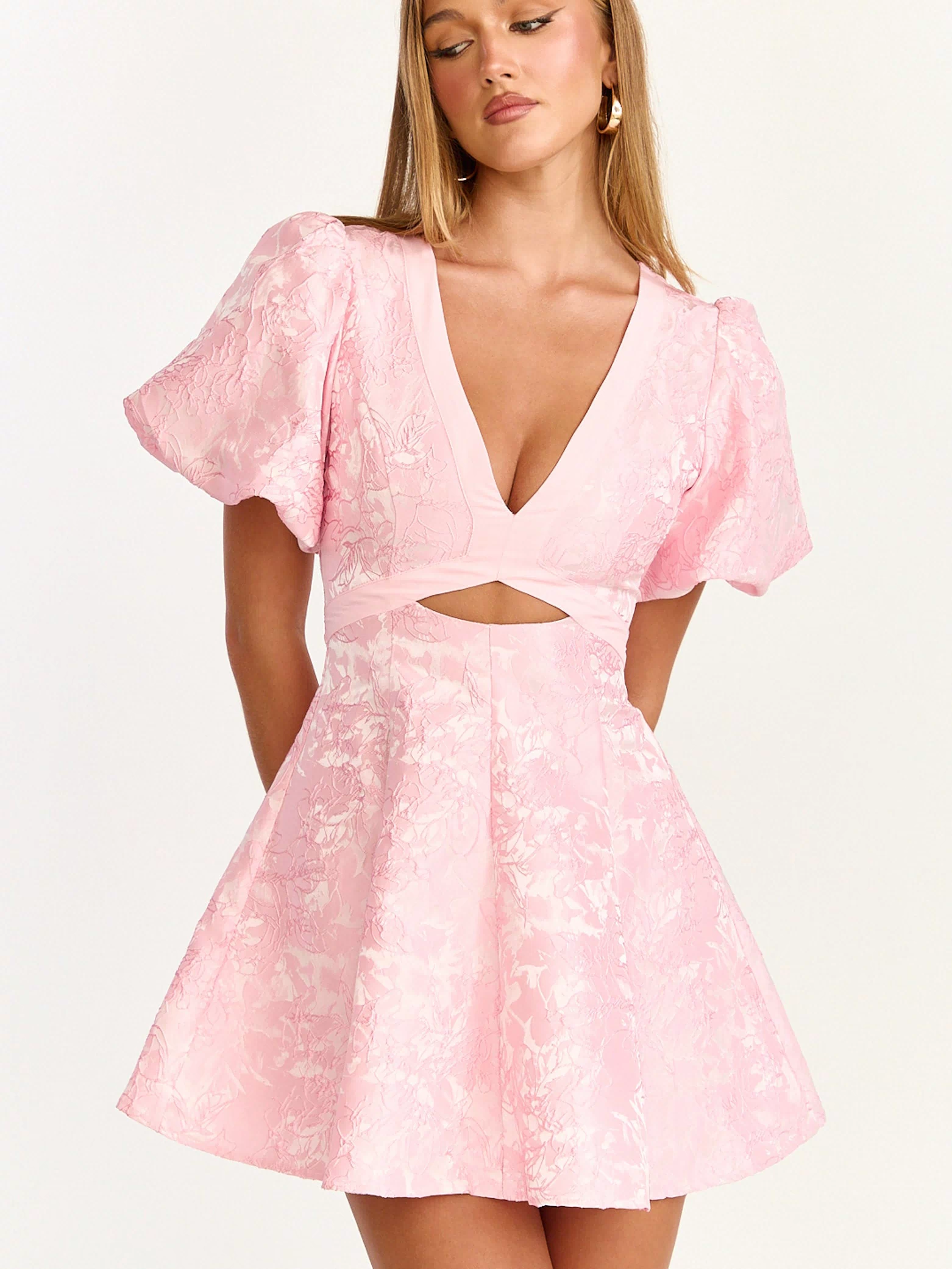 Rosalie Mini Dress - Floral Jacquard V Neck Fit and Flare Dress in Pink
