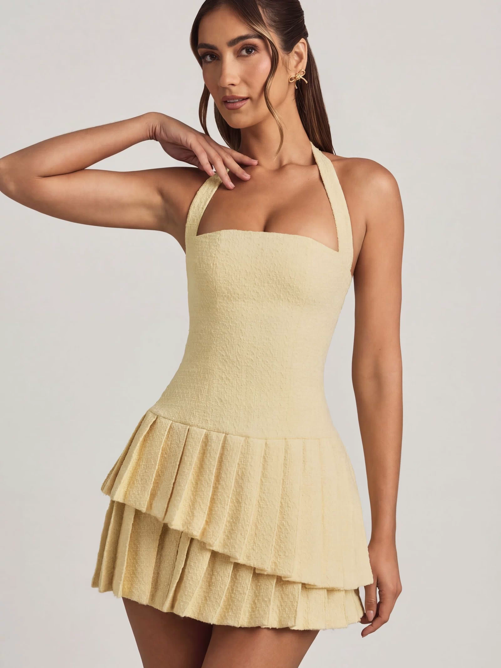 Asymmetric Layered Halterneck Mini Dress in Pastel Yellow