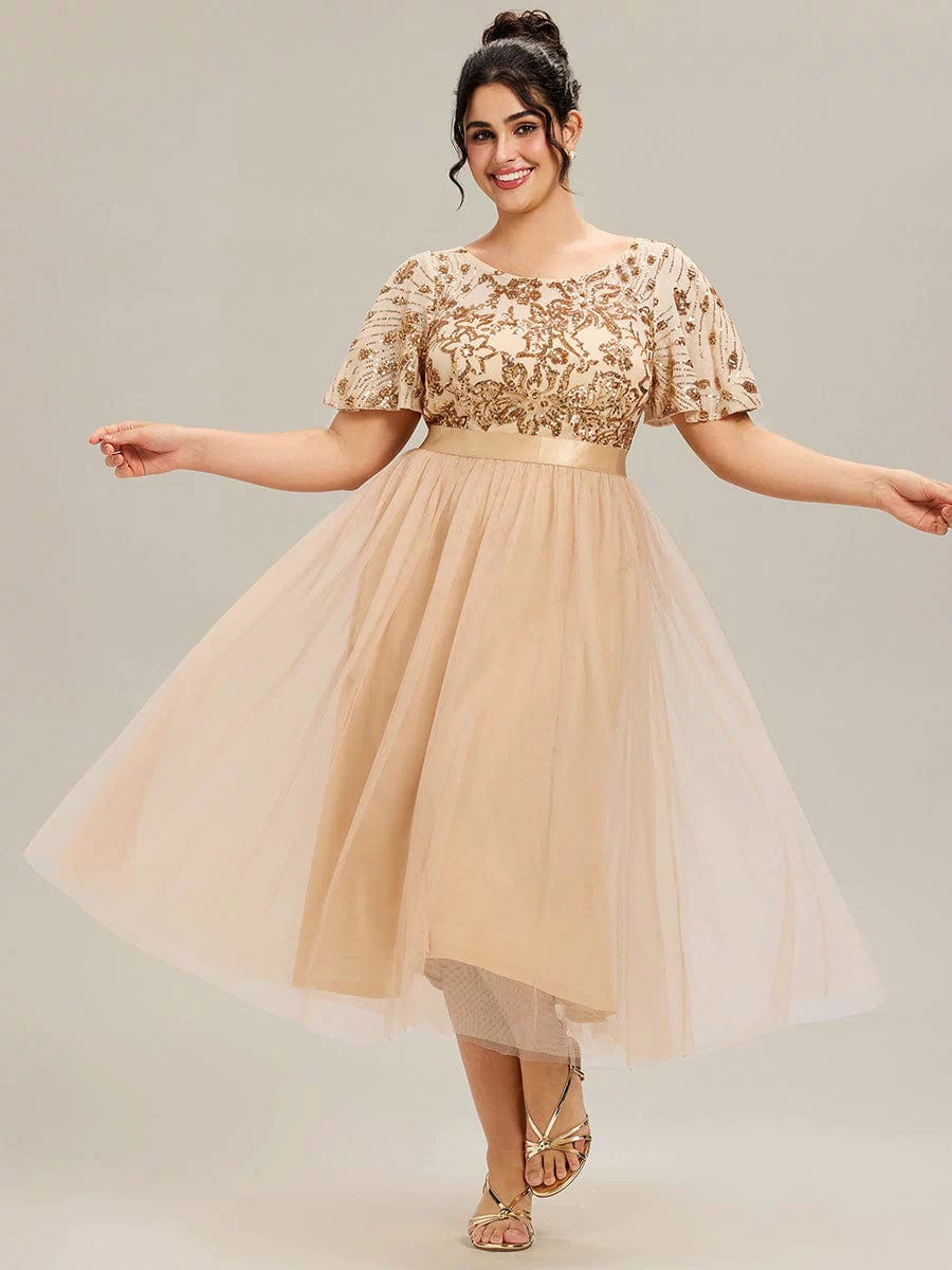 ever COOPER|Plus Size Round Neck Sequin Ruffle Sleeve Dress