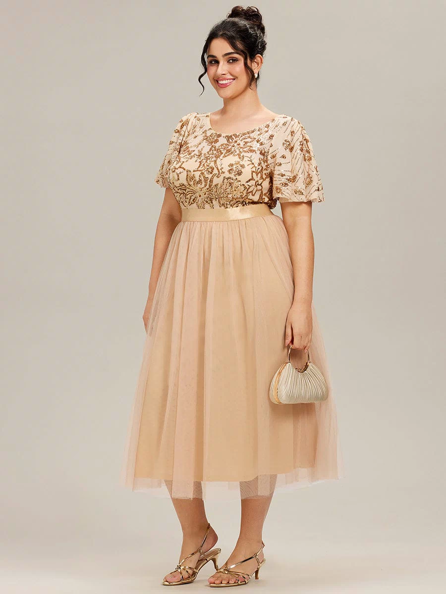 Round Neck Sequin Ruffle Sleeve Dress #color_Gold
