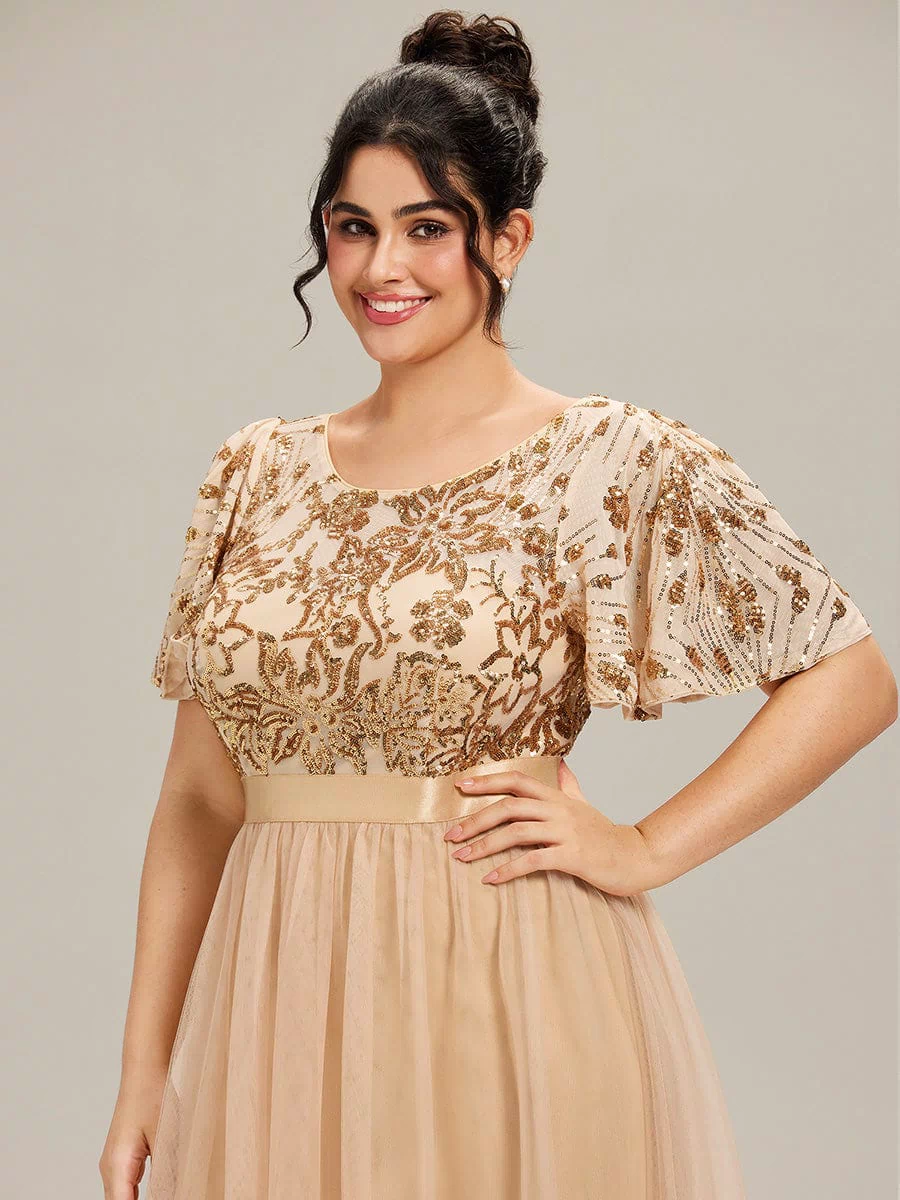 Round Neck Sequin Ruffle Sleeve Dress #color_Gold
