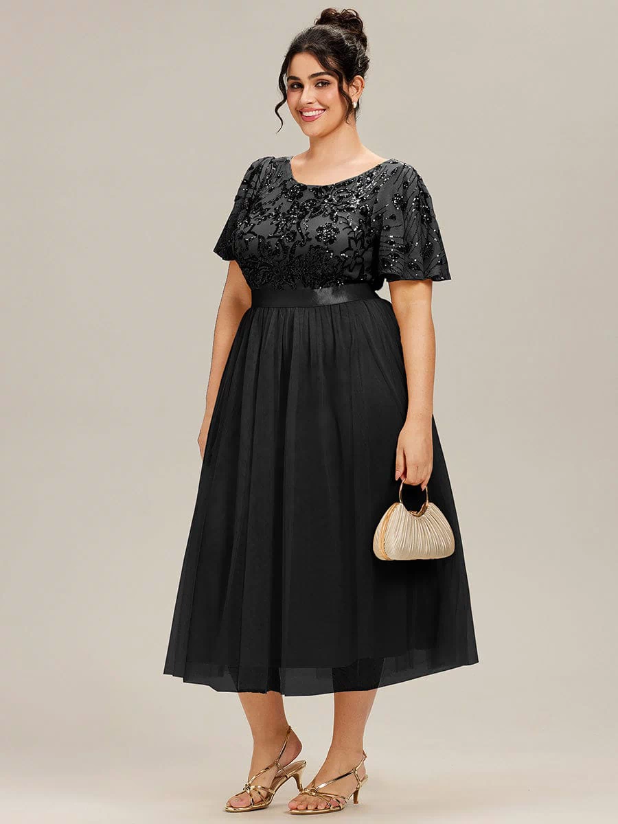 Round Neck Sequin Ruffle Sleeve Dress #color_Black