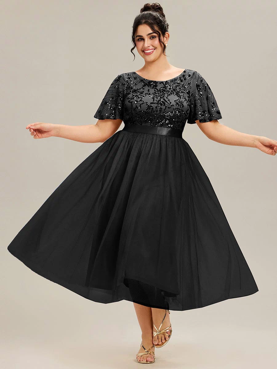 Round Neck Sequin Ruffle Sleeve Dress #color_Black