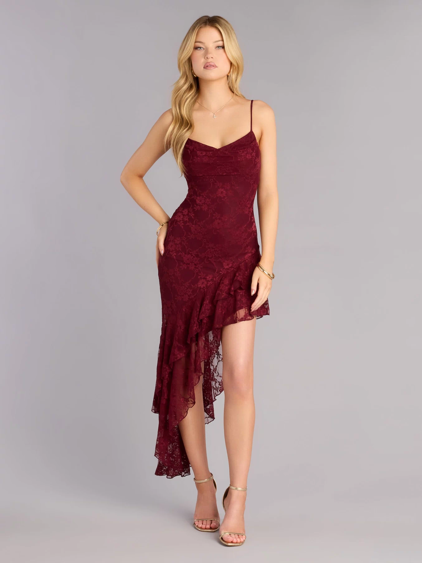RSVP Ready Lace Asymmetric Ruffle Midi Dress