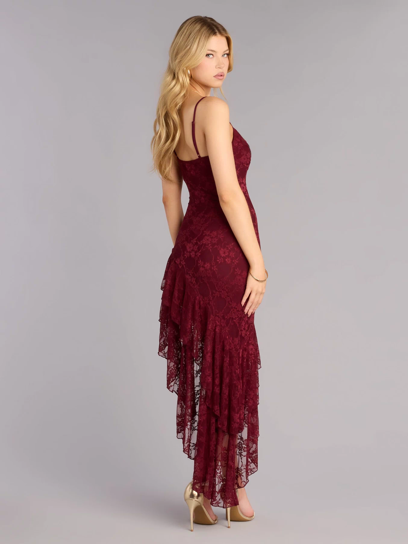 Style a midi dress like RSVP Ready Lace Asymmetric Ruffle Midi Dress in wine with a balanced silhouette, comfortable fit, and versatile design for any occasion.