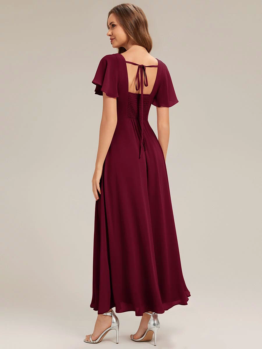 Ruched Chiffon Ruffle Sleeve Dress #color_Burgundy
