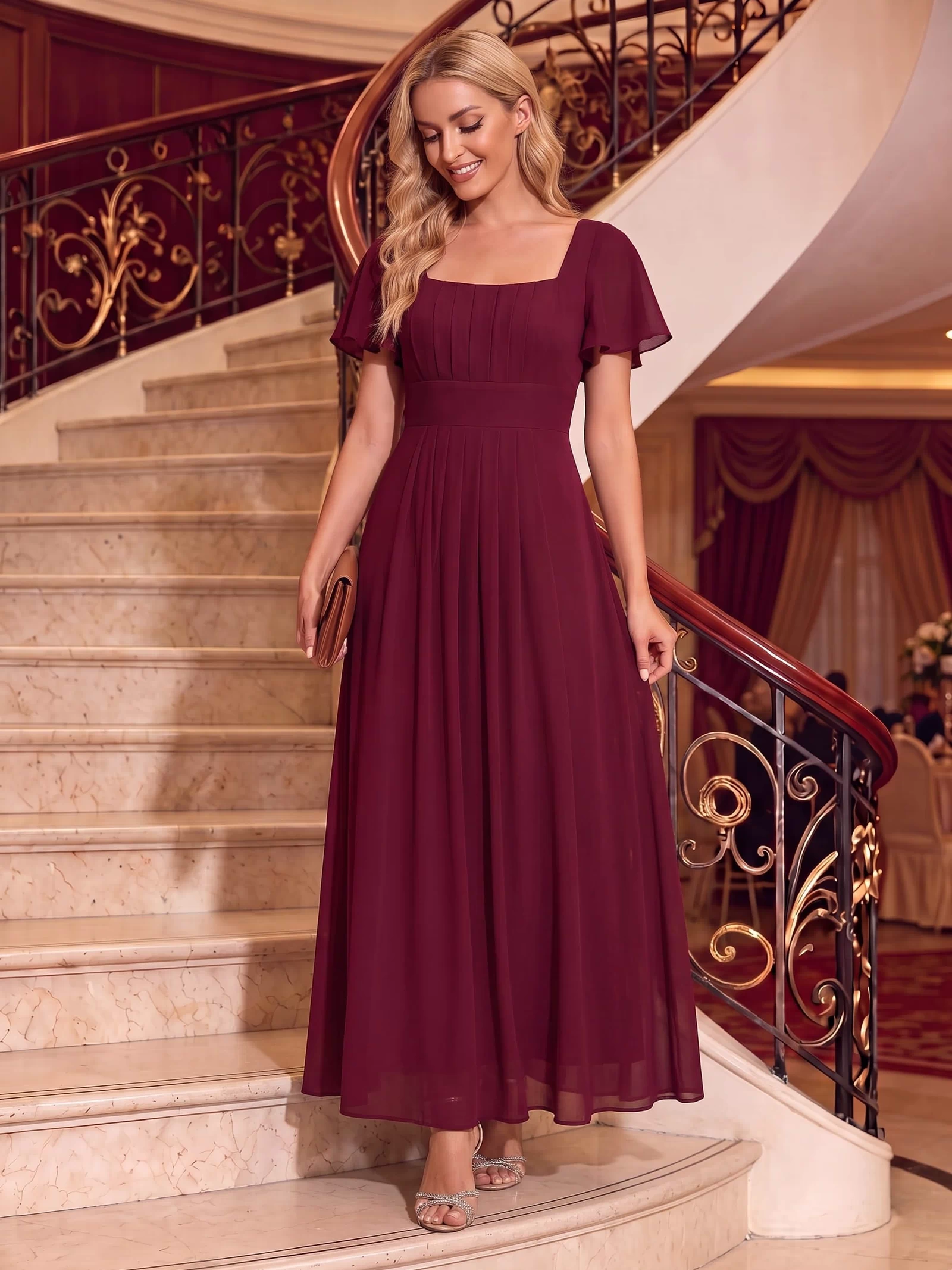 Ruched Chiffon Ruffle Sleeve Dress #color_Burgundy