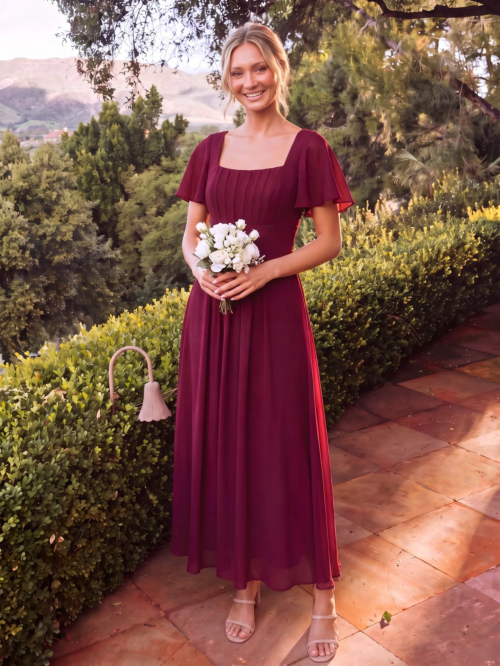 Ruched Chiffon Ruffle Sleeve Dress #color_Burgundy