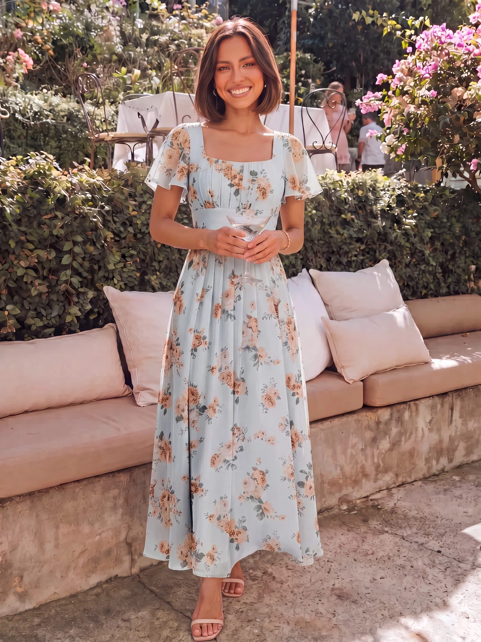Ruched Chiffon Ruffle Sleeve Dress #color_Amber Bloom