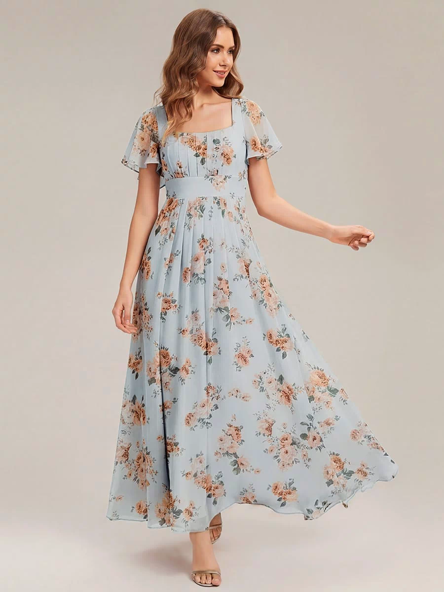 Ruched Chiffon Ruffle Sleeve Dress #color_Amber Bloom