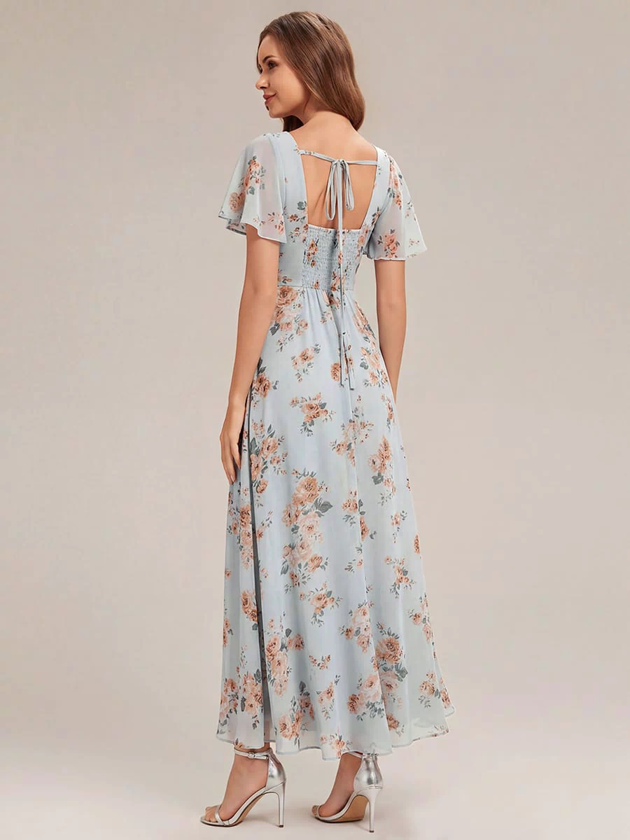 Ruched Chiffon Ruffle Sleeve Dress #color_Amber Bloom
