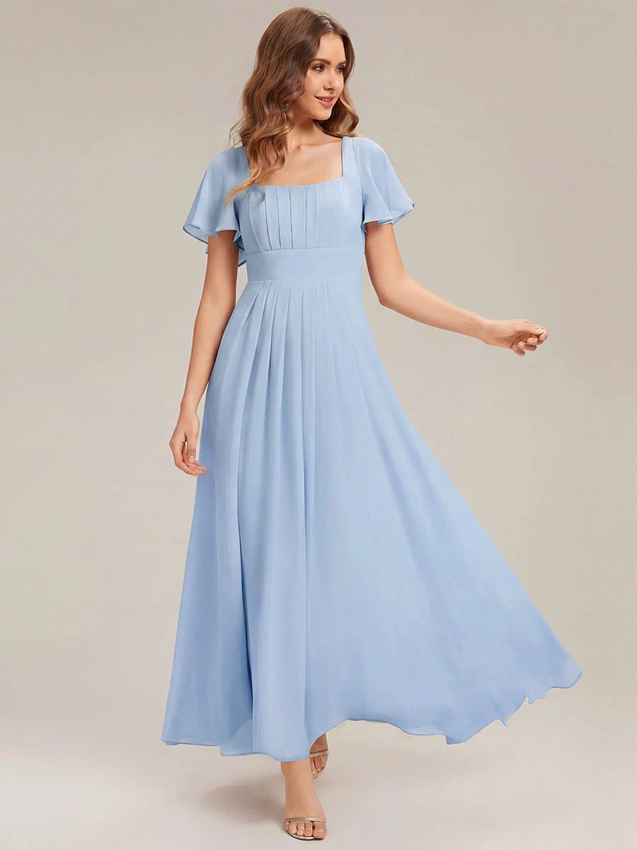 Ruched Chiffon Ruffle Sleeve Dress #color_Ice Blue