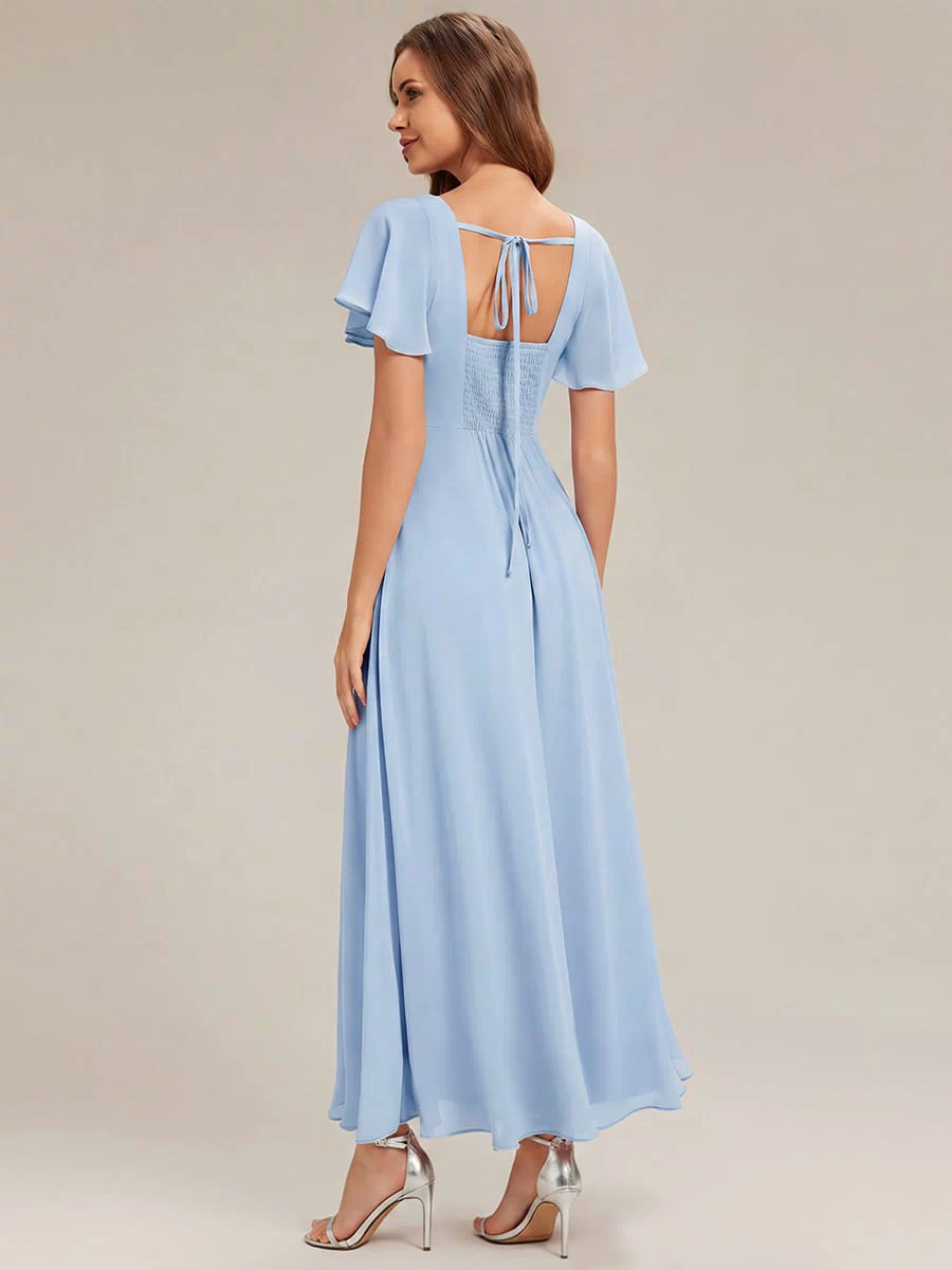 Ruched Chiffon Ruffle Sleeve Dress #color_Ice Blue