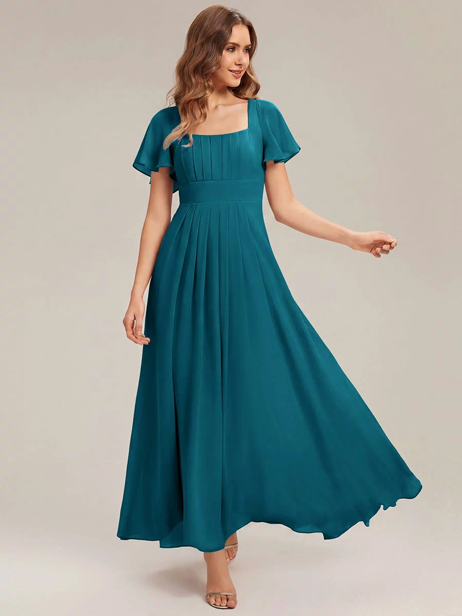 Ruched Chiffon Ruffle Sleeve Dress #color_Teal Blue