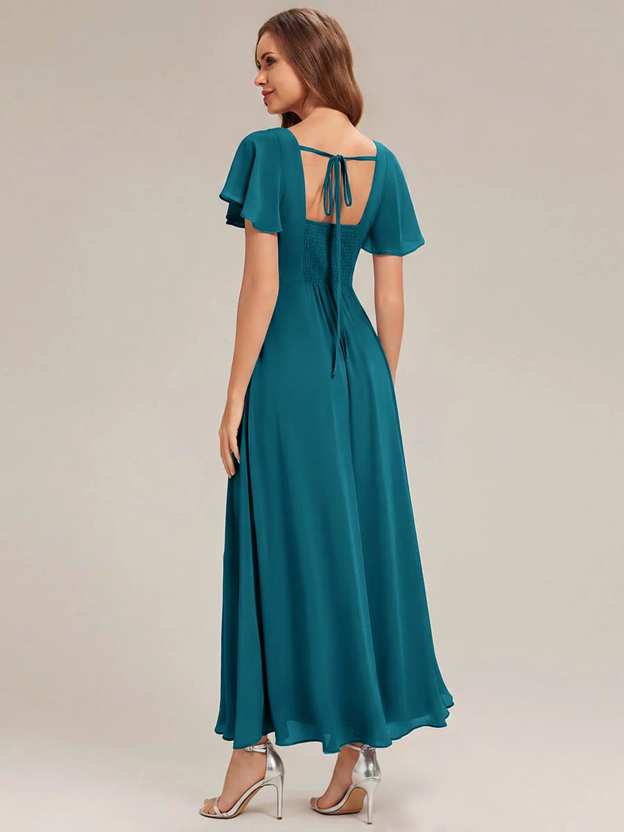 Ruched Chiffon Ruffle Sleeve Dress #color_Teal Blue