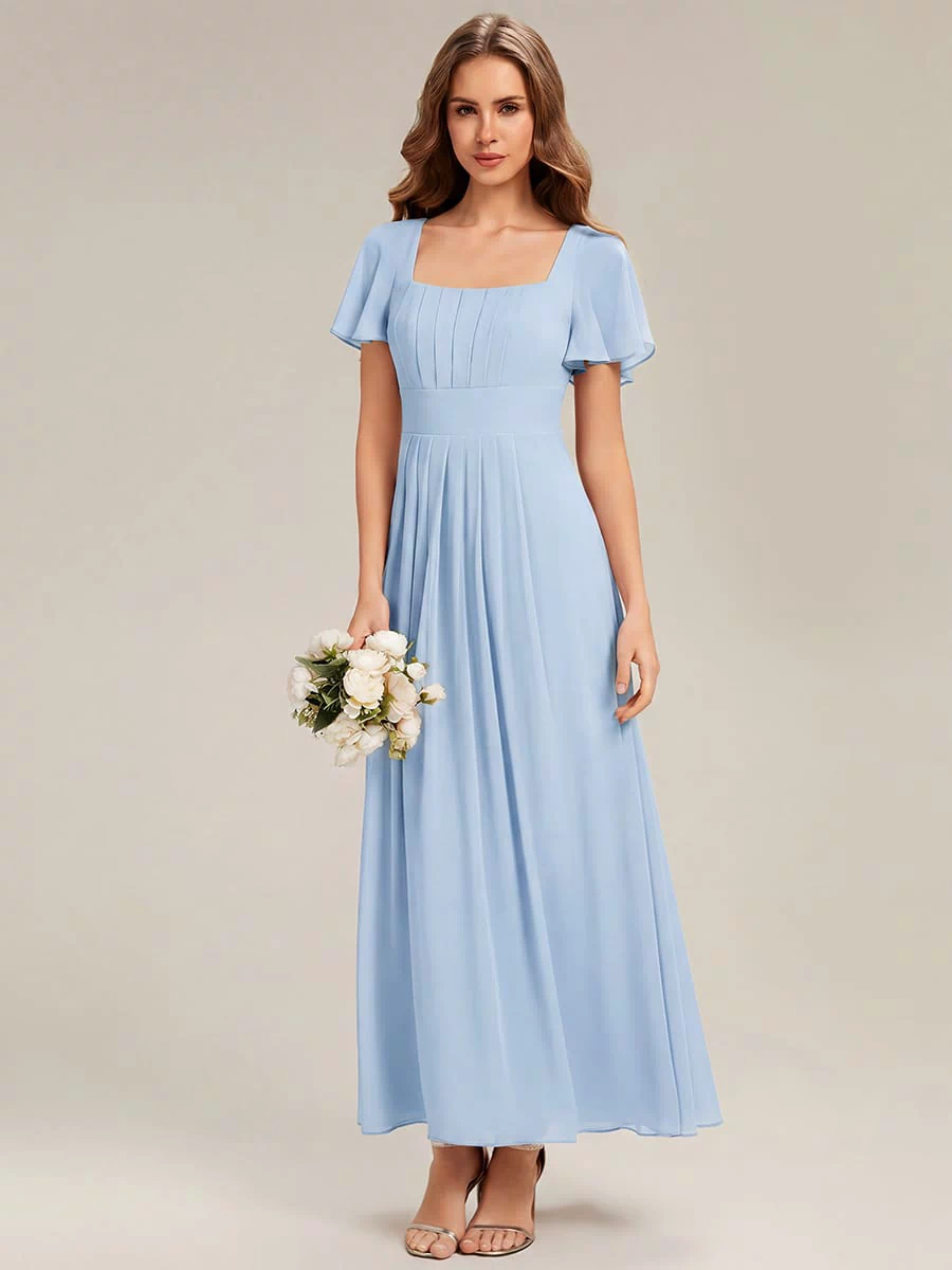 Ruched Chiffon Ruffle Sleeve Dress #color_Ice Blue