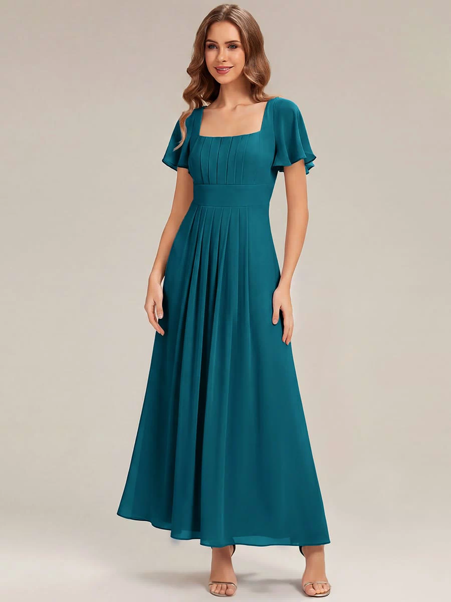 Ruched Chiffon Ruffle Sleeve Dress #color_Teal Blue