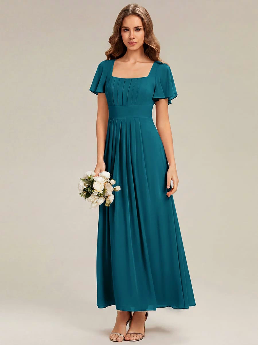 Ruched Chiffon Ruffle Sleeve Dress #color_Teal Blue