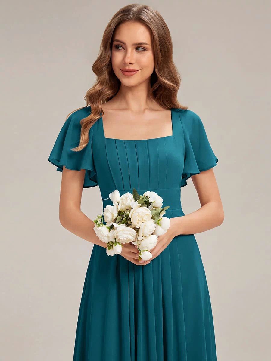 Ruched Chiffon Ruffle Sleeve Dress #color_Teal Blue