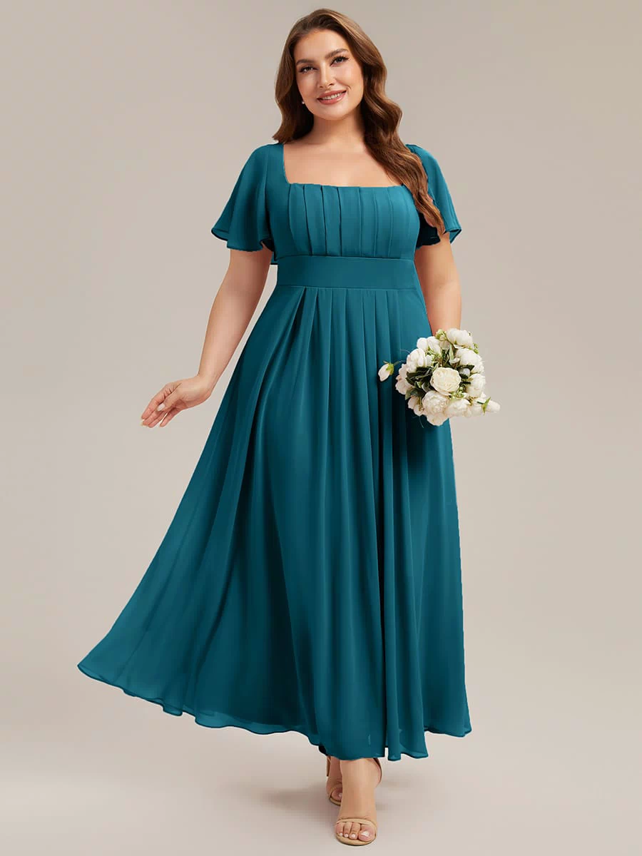 Ruched Chiffon Ruffle Sleeve Dress #color_Teal Blue