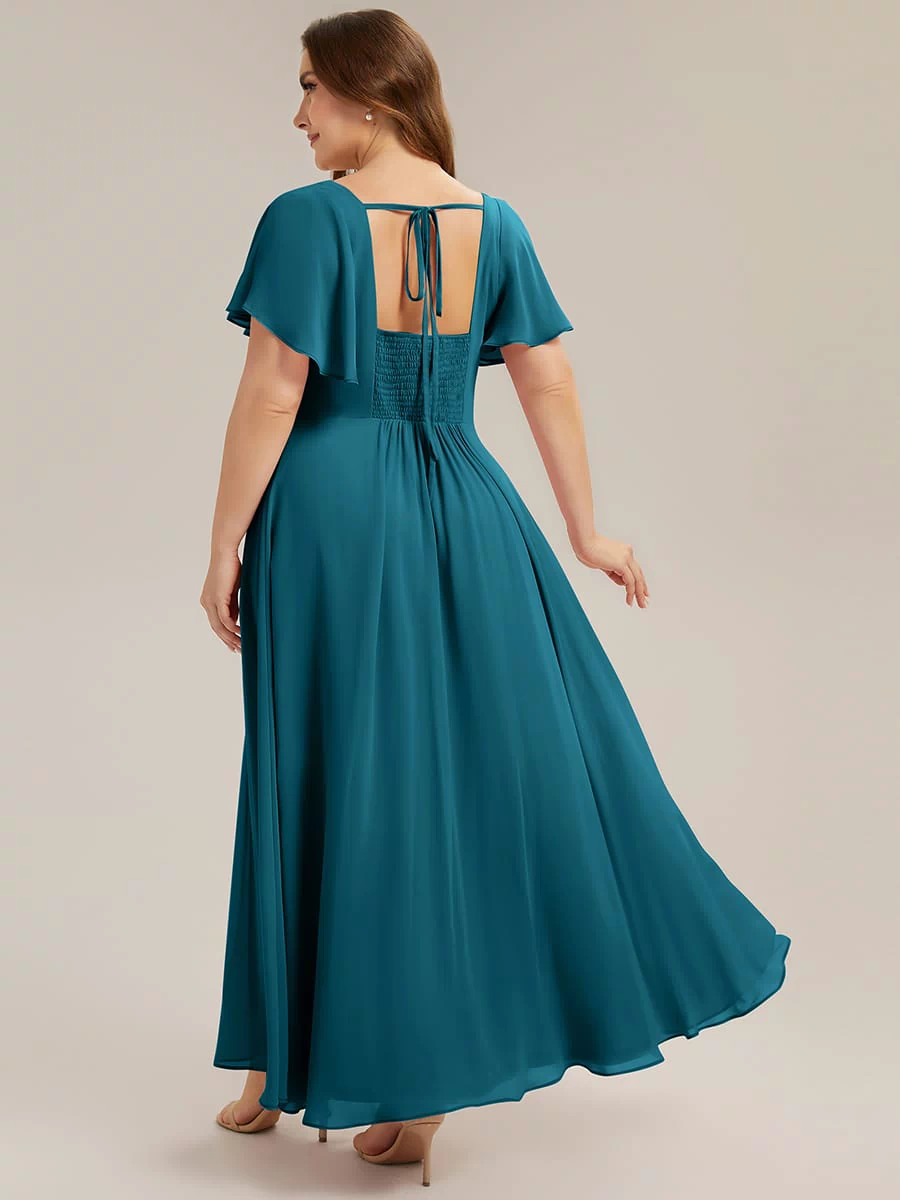 Ruched Chiffon Ruffle Sleeve Dress #color_Teal Blue
