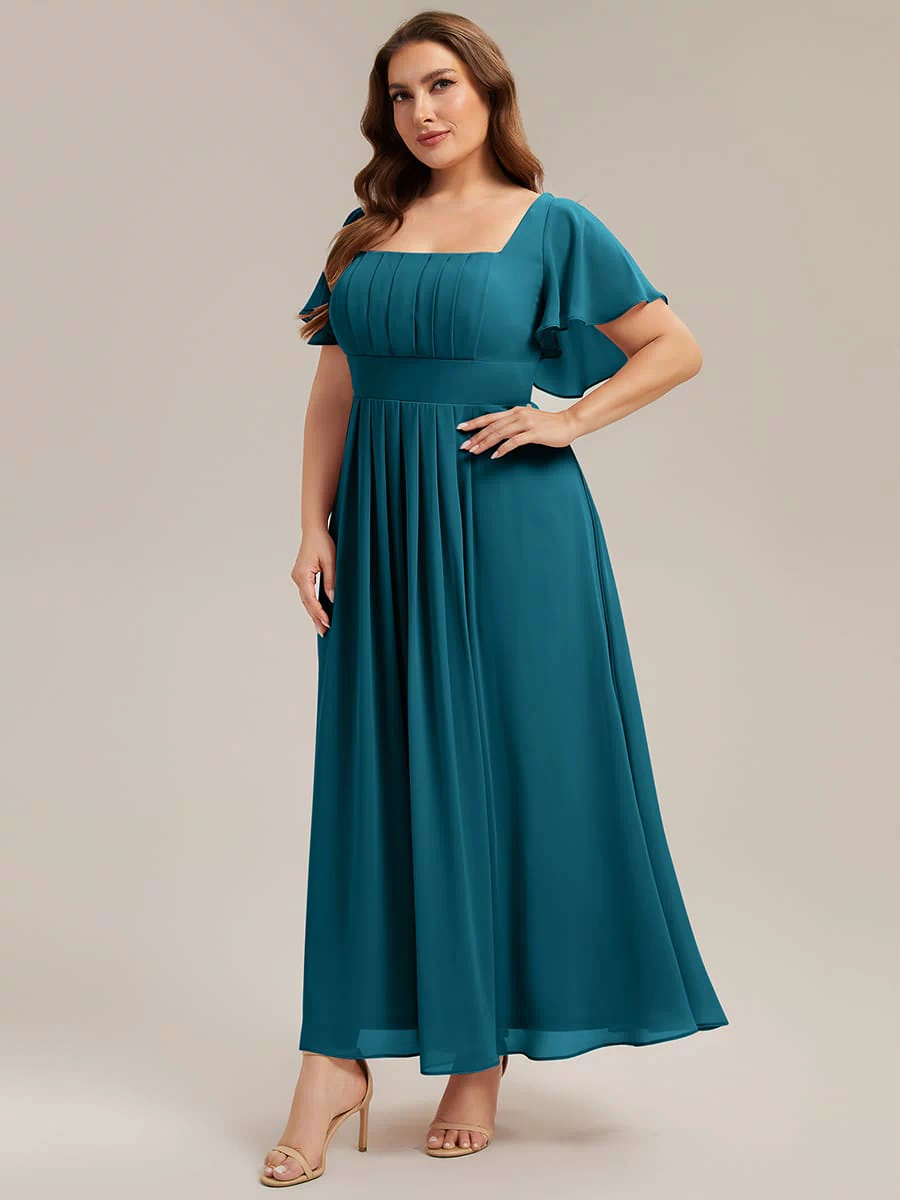 Ruched Chiffon Ruffle Sleeve Dress #color_Teal Blue