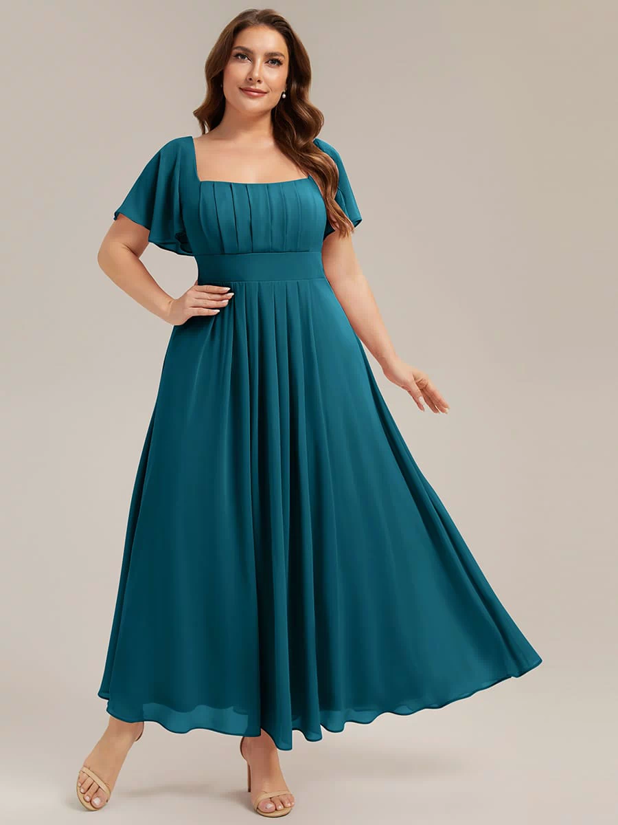 Ruched Chiffon Ruffle Sleeve Dress #color_Teal Blue