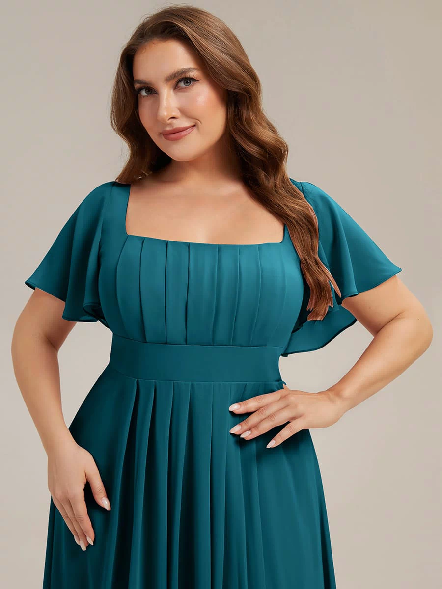 Ruched Chiffon Ruffle Sleeve Dress #color_Teal Blue