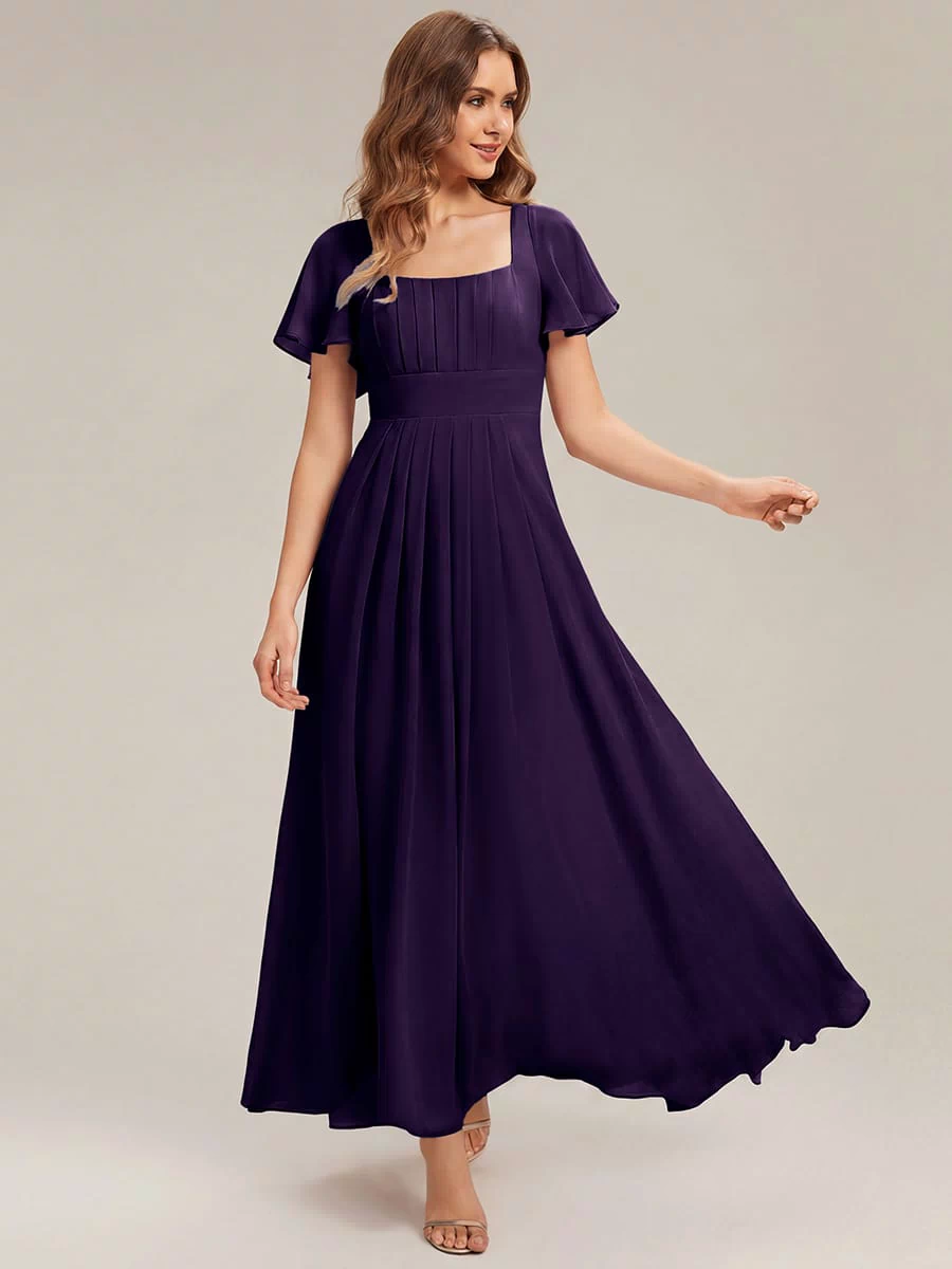 Ruched Chiffon Ruffle Sleeve Dress #color_Dark Purple