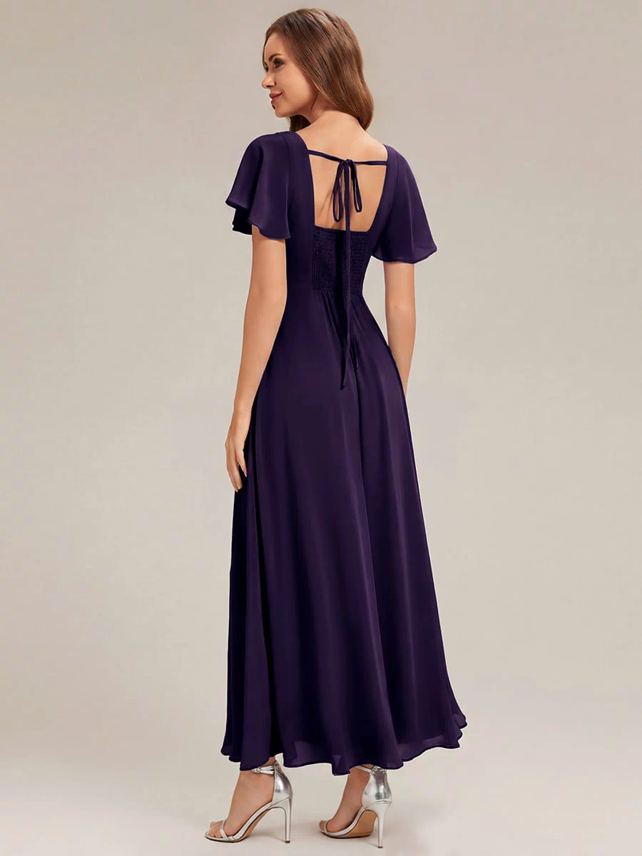 Ruched Chiffon Ruffle Sleeve Dress #color_Dark Purple