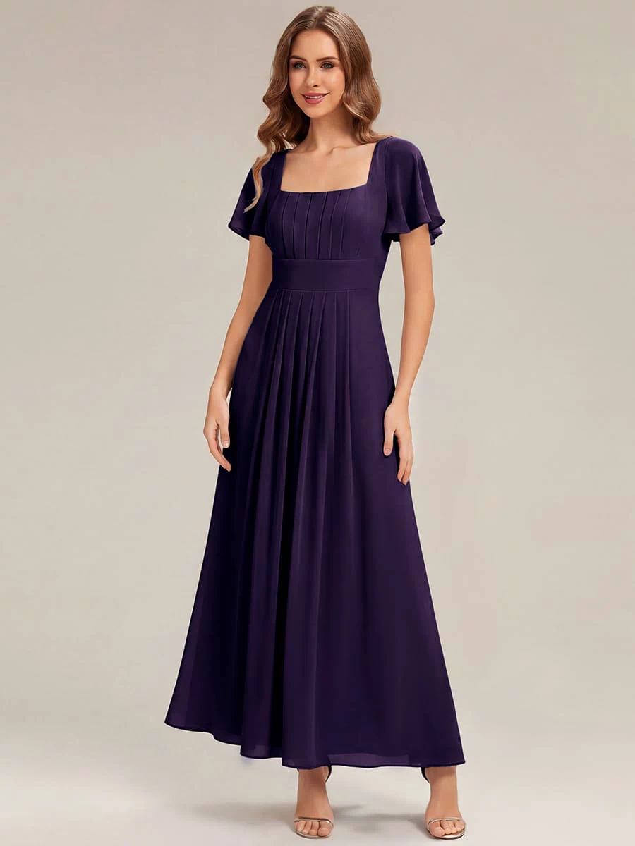 Ruched Chiffon Ruffle Sleeve Dress #color_Dark Purple