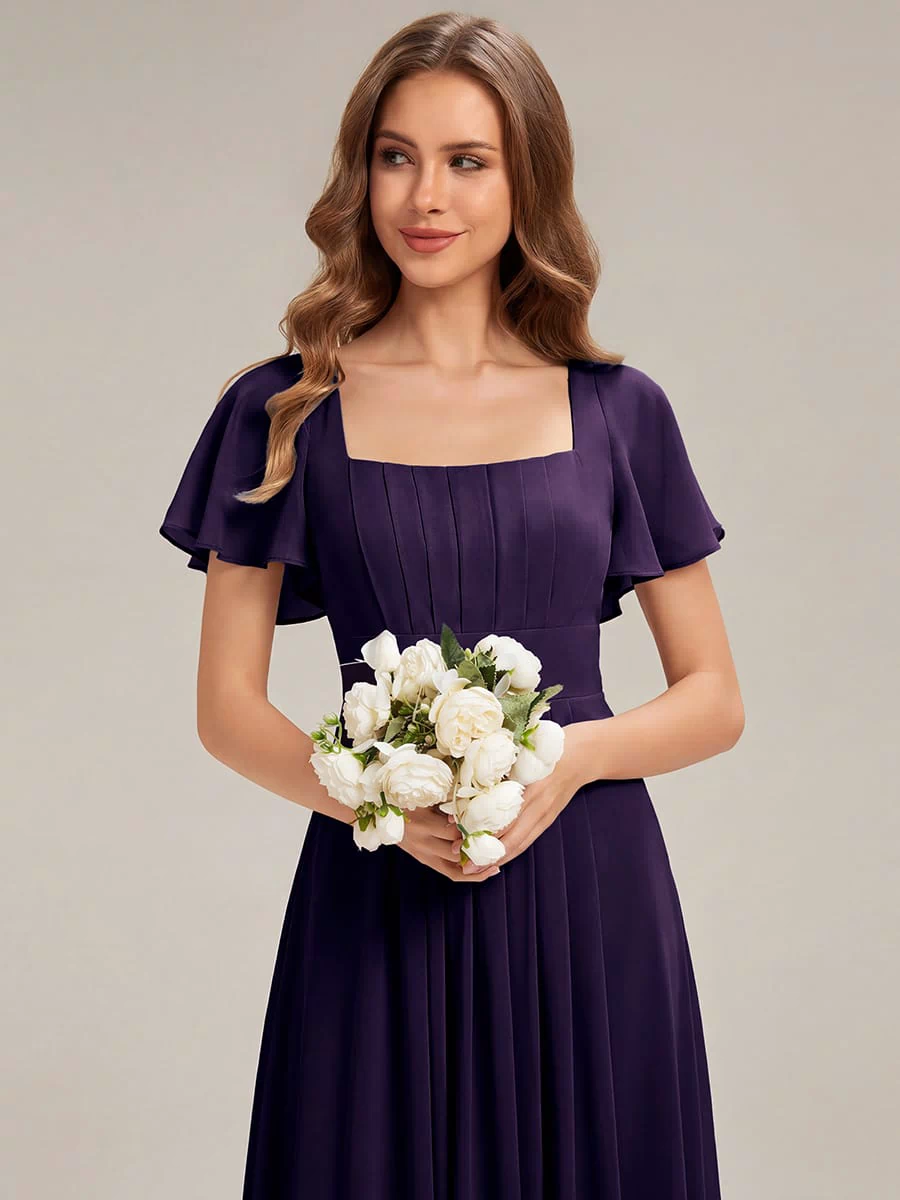 Ruched Chiffon Ruffle Sleeve Dress #color_Dark Purple