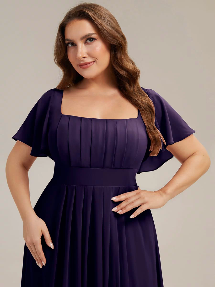 Ruched Chiffon Ruffle Sleeve Dress #color_Dark Purple
