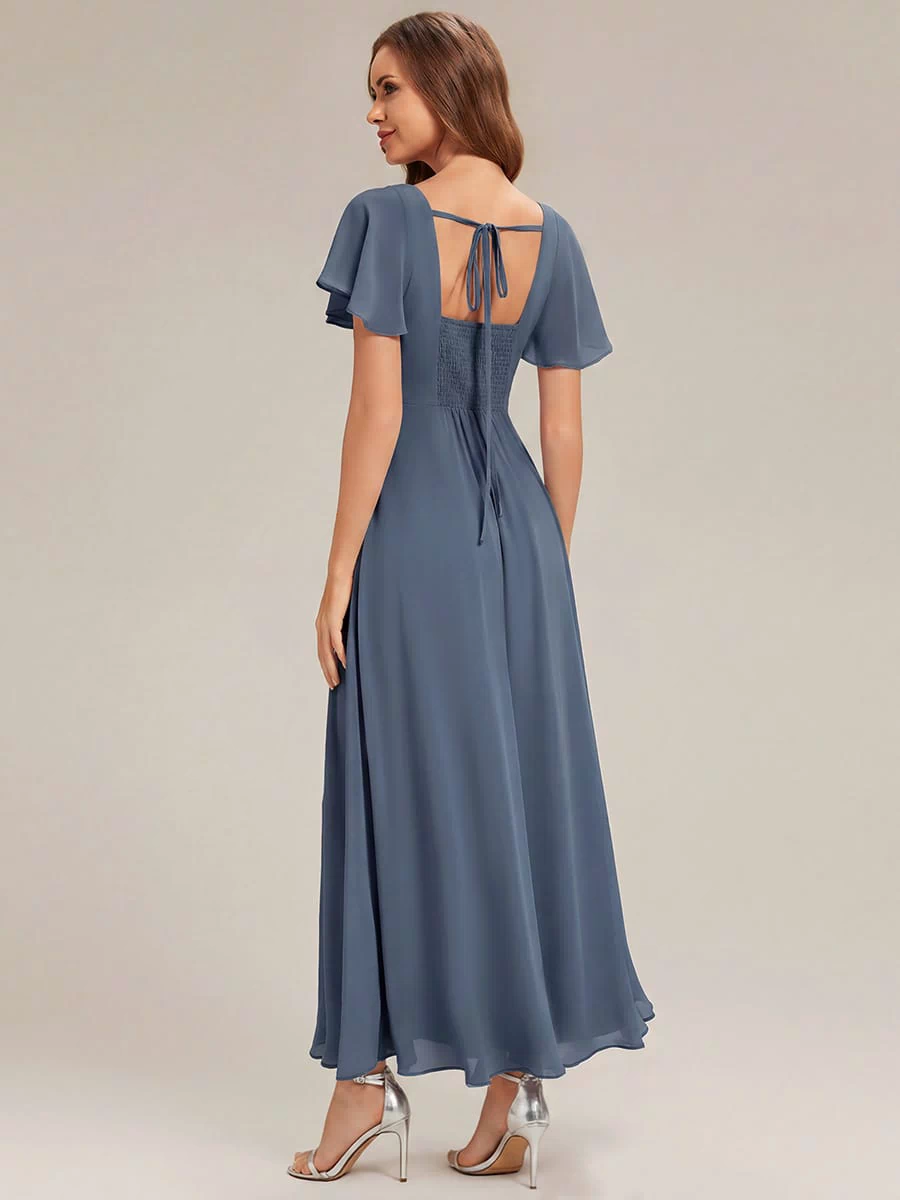 Ruched Chiffon Ruffle Sleeve Dress #color_Dusty Blue