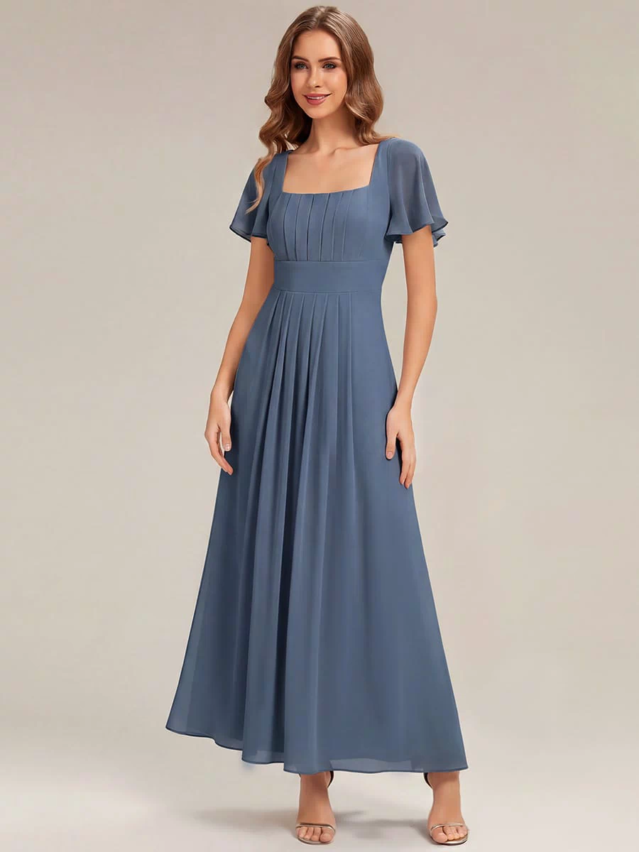 Ruched Chiffon Ruffle Sleeve Dress #color_Dusty Blue