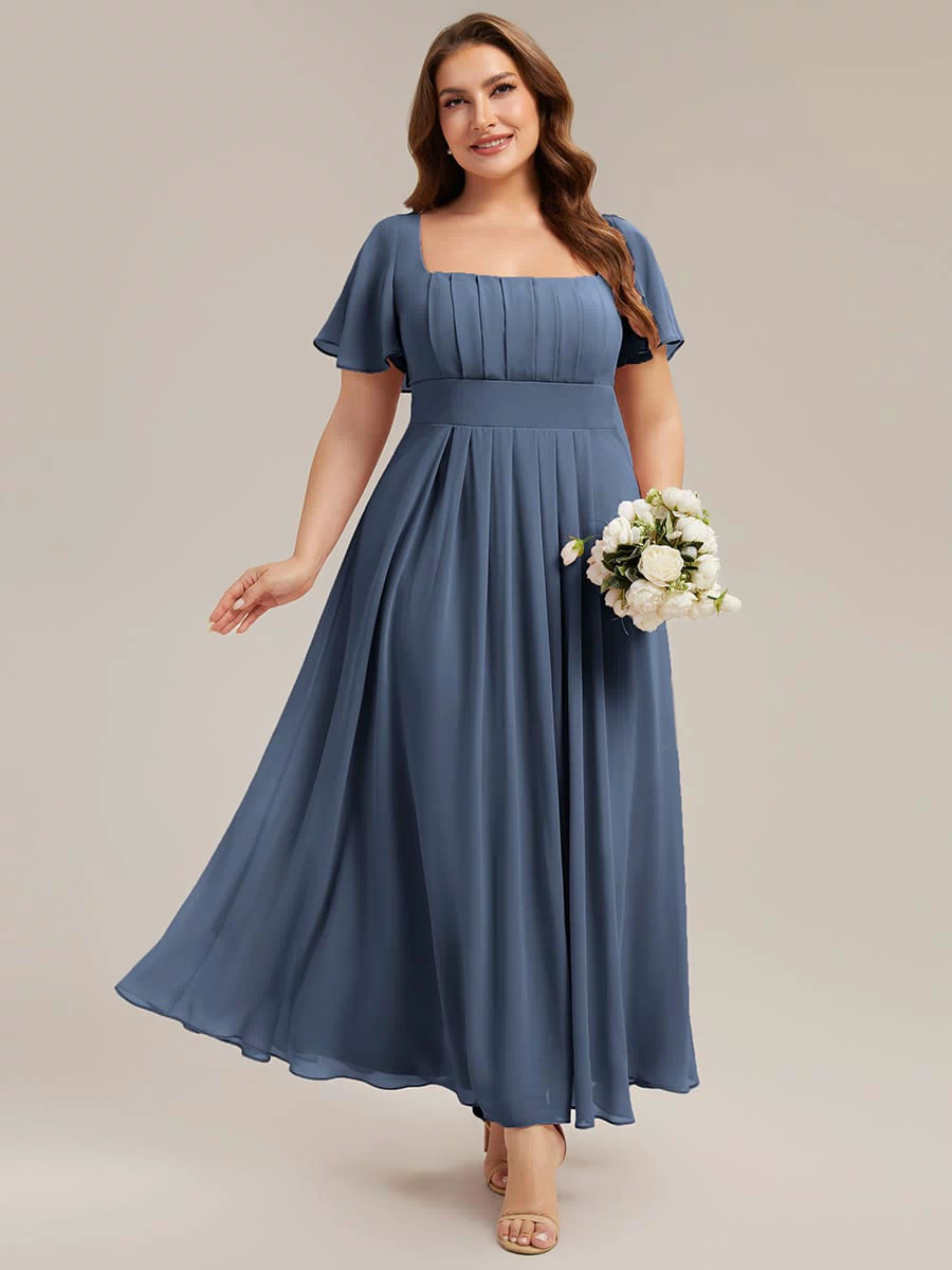 Ruched Chiffon Ruffle Sleeve Dress #color_Dusty Blue